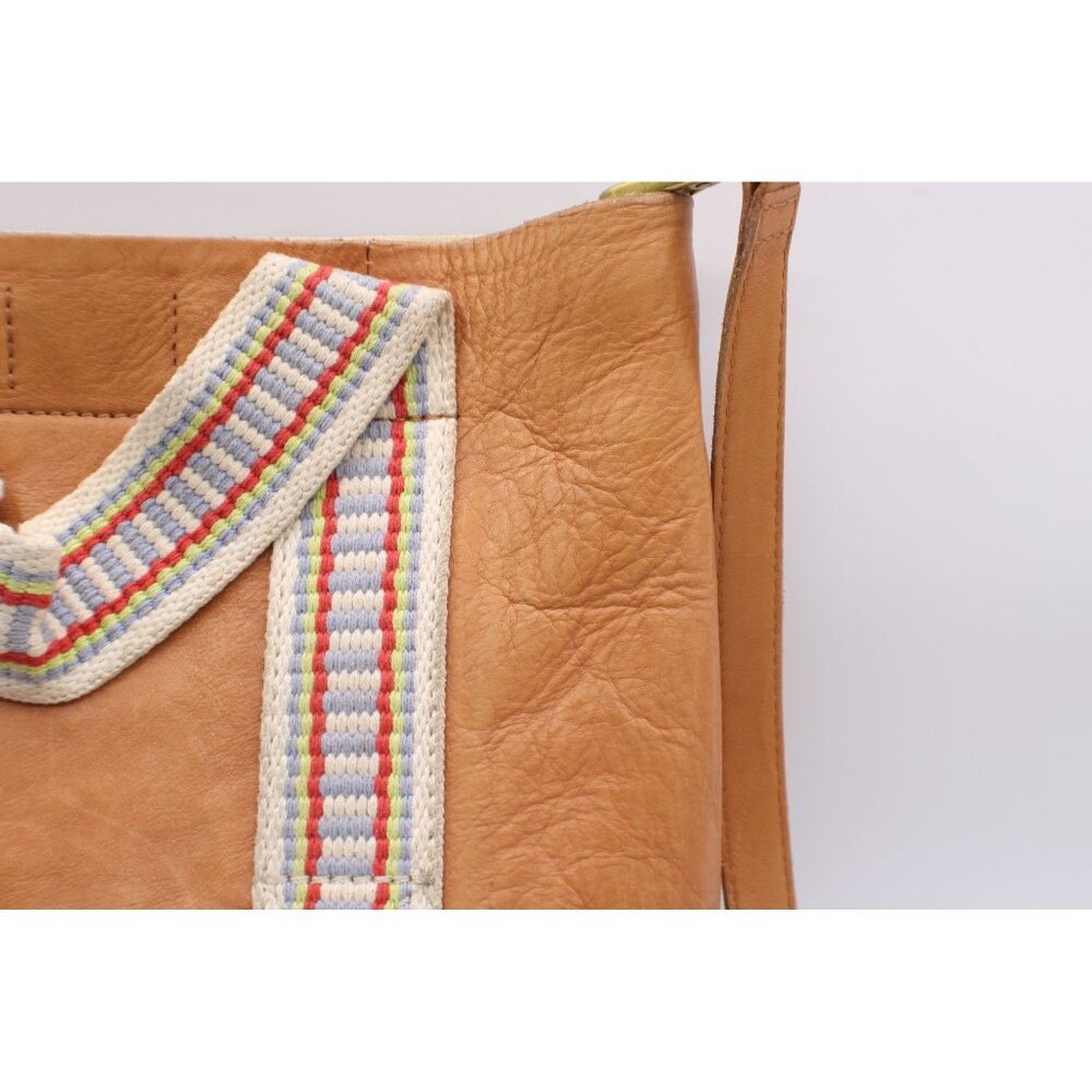 Madewell Tan Leather Crossbody Bag Handbag Colorful Striped Fringe Handles 10x10 - Picture 9 of 12